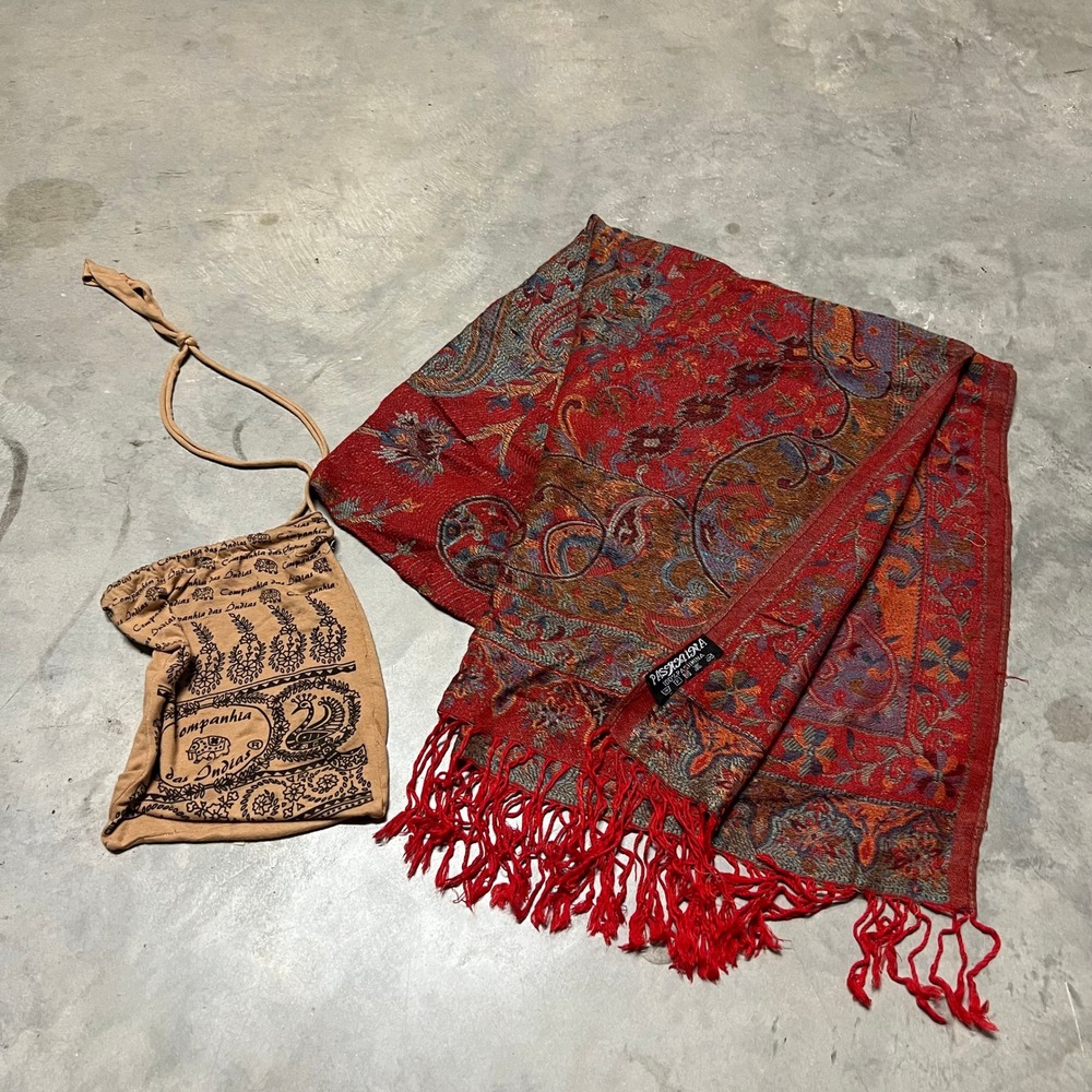 Pashmina Red Paisley Scarf Shawl Wrap with Fringe and Drawstring Bag